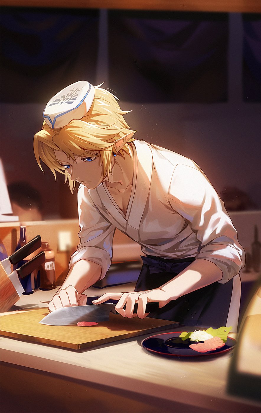 1boy blonde_hair blue_eyes cooking cutting cutting_board earrings food hat highres holding holding_knife indoors jewelry knife knife_block kumoki0510 link long_sleeves meat plate shirt short_hair solo the_legend_of_zelda triforce white_headwear white_shirt