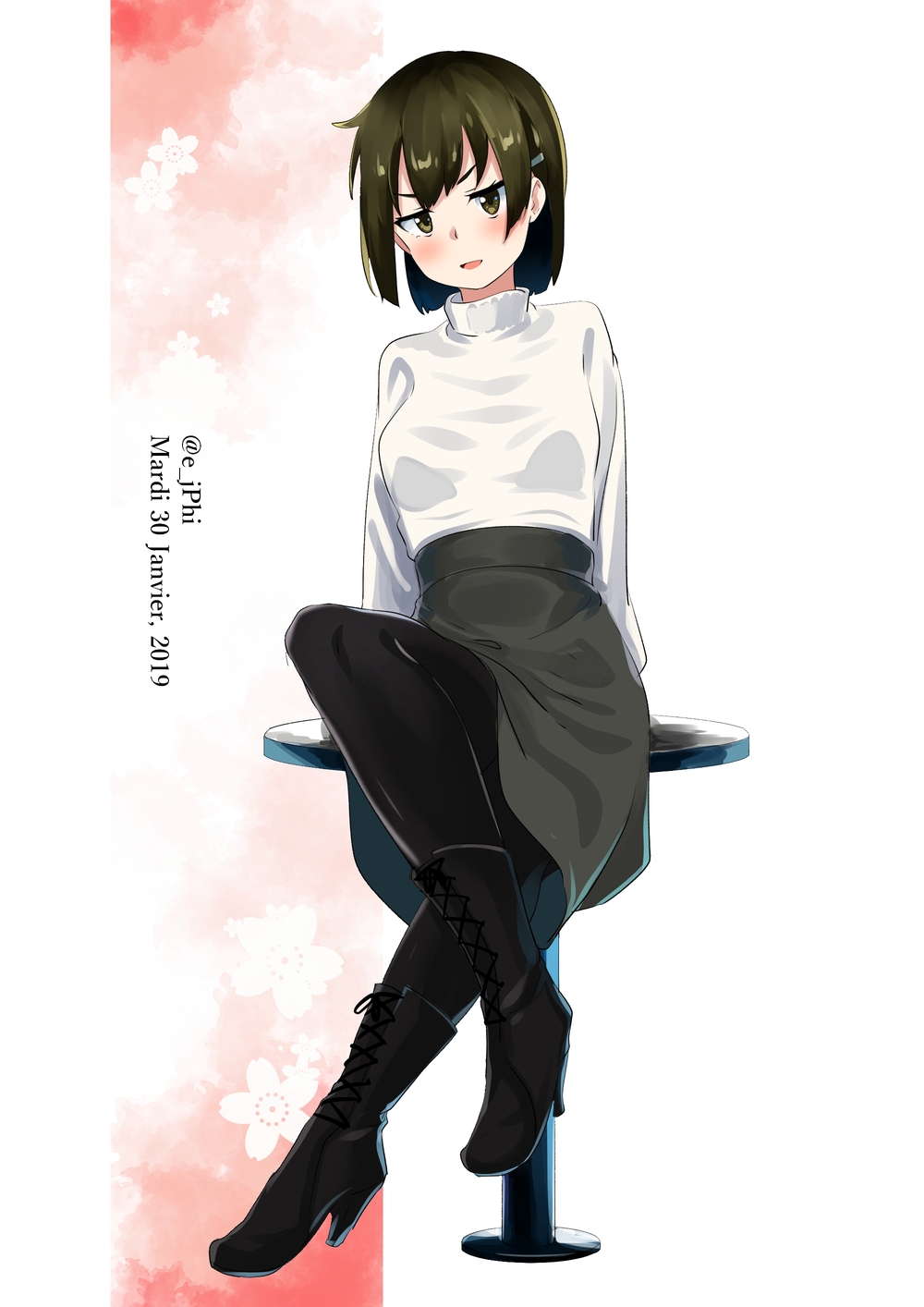 1girl :d alternate_costume black_footwear black_legwear blush boots brown_hair casual commentary_request cross-laced_footwear crossed_legs dated grey_skirt hair_ornament hairclip high_heel_boots high_heels highres hiryuu_(kantai_collection) kantai_collection lace-up_boots looking_at_viewer one_side_up open_mouth pantyhose short_hair sitting skirt smile solo sweater turtleneck turtleneck_sweater twitter_username vi3r6ein white_sweater
