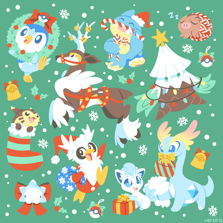 :d alolan_form alolan_vulpix amaura bell bird black_eyes blue_eyes candy candy_cane christmas christmas_lights closed_eyes creature delibird dinosaur eye_contact facing_viewer fangs food full_body furret gen_2_pokemon gen_4_pokemon gen_5_pokemon gen_6_pokemon gen_7_pokemon gift green_background happy hat holding holding_candy_cane looking_at_another munchlax no_humans open_mouth piplup poke_ball poke_ball_(generic) pokemon pokemon_(creature) reindeer santa_hat sawsbuck sawsbuck_(winter) simple_background sleeping smile snom snover snowflakes socks standing standing_on_one_leg swinub versiris zzz