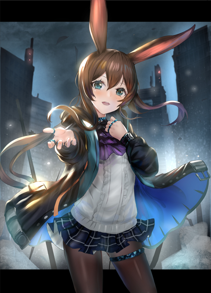 1girl amiya_(arknights) animal_ears arknights bangs black_jacket blue_eyes blue_skirt blush brown_hair brown_legwear building center_frills commentary_request eyebrows_visible_through_hair frills hair_between_eyes hand_up hood hood_down hooded_jacket jacket jewelry letterboxed long_hair long_sleeves looking_at_viewer night open_clothes open_jacket open_mouth pantyhose plaid plaid_skirt pleated_skirt ponytail qian_wu_atai rabbit_ears ring shirt sidelocks skirt solo thumb_ring upper_teeth very_long_hair white_shirt