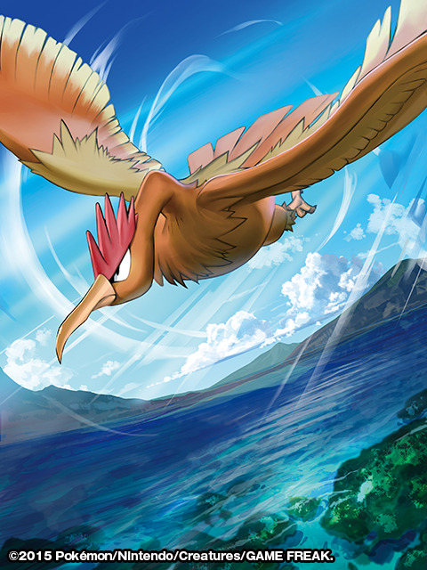 2015 bird bird_focus blue_sky clouds cloudy_sky commentary creature day english_commentary fearow flying gen_1_pokemon match_(idleslumber) mountain multiple_sources no_humans official_art outdoors pokemon pokemon_(creature) pokemon_trading_card_game sky solo watermark