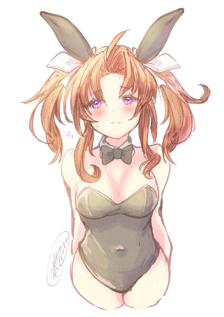 1girl ahoge alternate_costume animal_ears black_leotard black_neckwear bow bowtie breasts brown_hair bunnysuit collarbone commentary_request cowboy_shot detached_collar hair_ribbon ittokyu kagerou_(kantai_collection) kantai_collection leotard long_hair looking_at_viewer rabbit_ears remodel_(kantai_collection) ribbon simple_background small_breasts solo strapless strapless_leotard twintails white_background white_ribbon