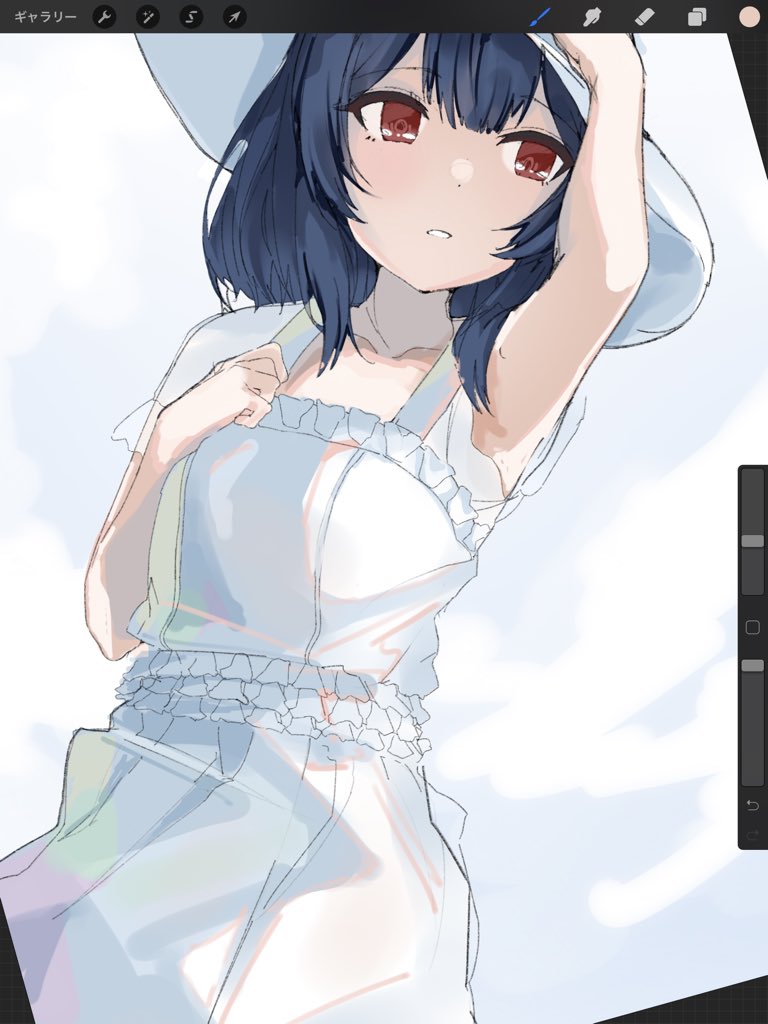 1girl arm_up armpits bangs blue_hair blush breasts collarbone dress hat idolmaster idolmaster_shiny_colors looking_to_the_side misekai_555 morino_rinze open_mouth parted_lips red_eyes short_hair short_sleeves small_breasts solo sun_hat white_dress white_headwear