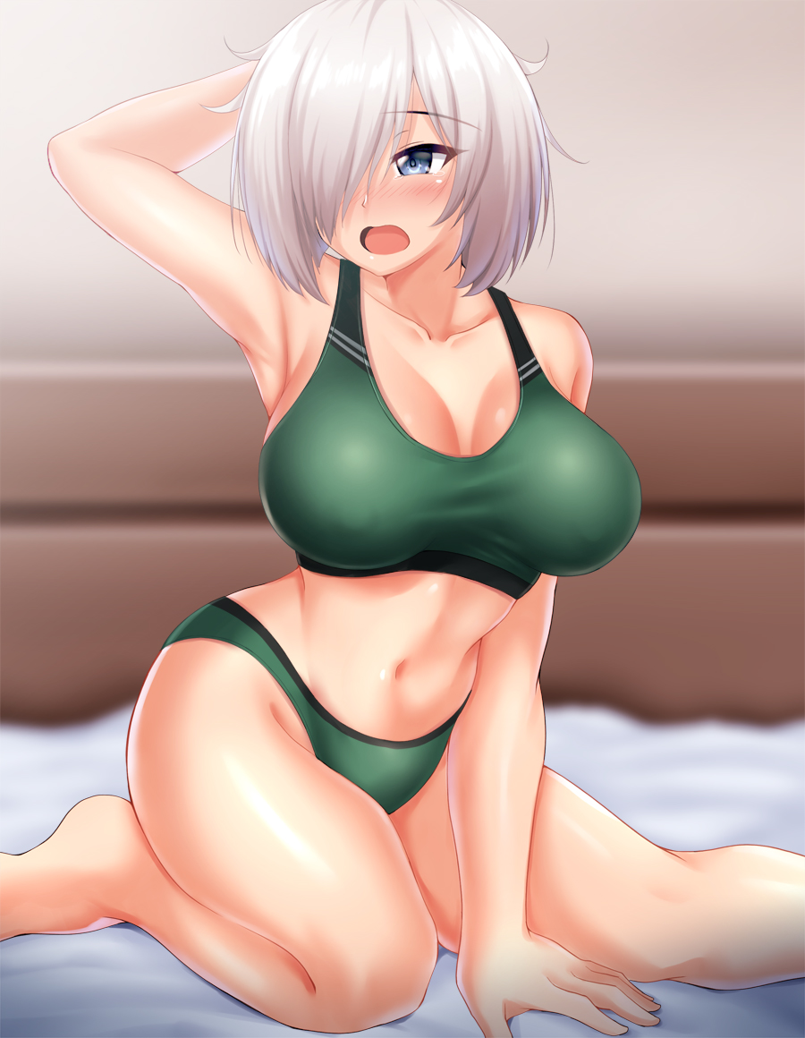 1girl alternate_costume armpits blue_eyes blush breasts green_sports_bra hair_ornament hair_over_one_eye hairclip hamakaze_(kantai_collection) kantai_collection large_breasts looking_at_viewer navel on_bed open_mouth short_hair silver_hair sitting sitting_on_bed solo sports_bra underwear zanntetu