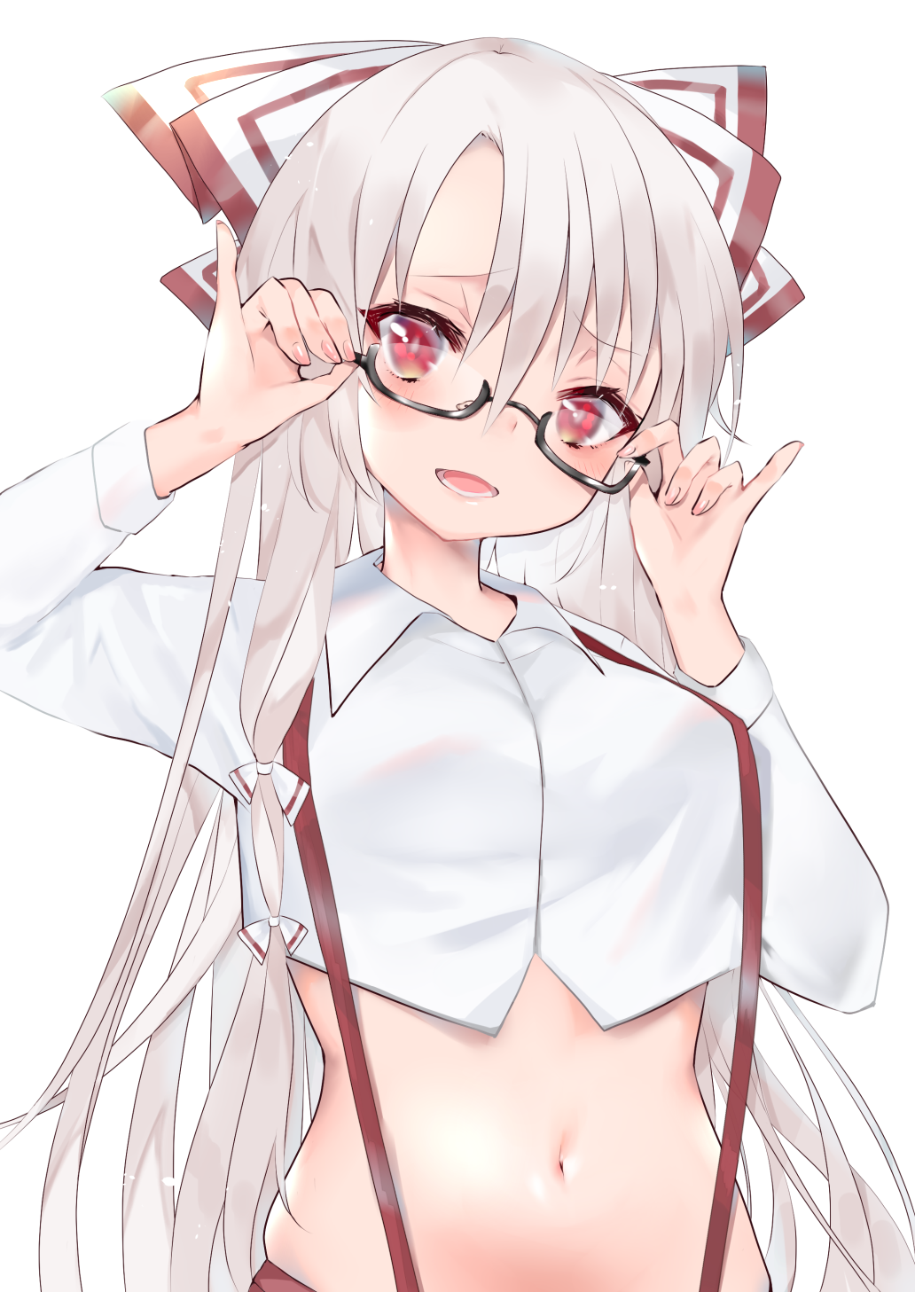 1girl adjusting_eyewear bespectacled black-framed_eyewear bow breasts crop_top fingernails fujiwara_no_mokou glasses hair_bow hands_up highres hiiro60 long_hair long_sleeves looking_at_viewer medium_breasts midriff navel pants red_eyes red_pants semi-rimless_eyewear shirt silver_hair simple_background smile solo suspenders touhou under-rim_eyewear upper_body very_long_hair white_background white_bow white_shirt