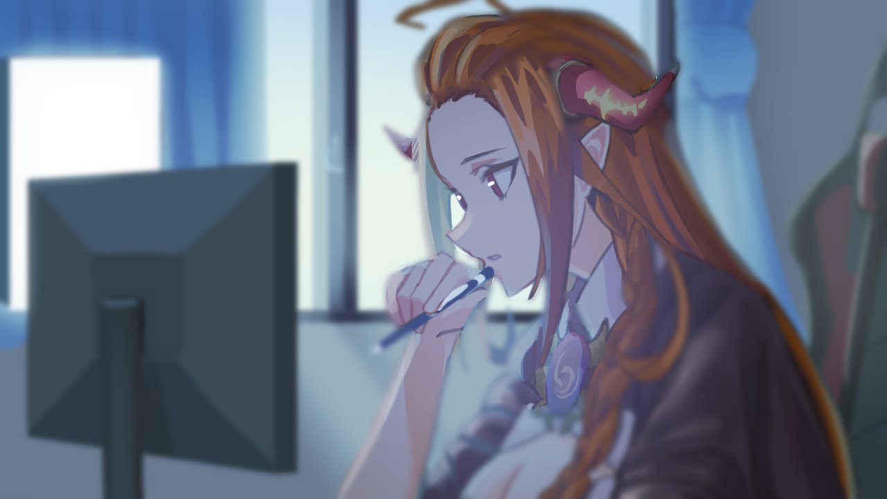 1girl ahoge alternate_hairstyle bangs_pinned_back braid dragon_girl dragon_horns holding holding_pen hololive horns indoors kiryuu_coco long_hair monitor nemaki on_chair orange_hair pen pointy_ears sitting virtual_youtuber window