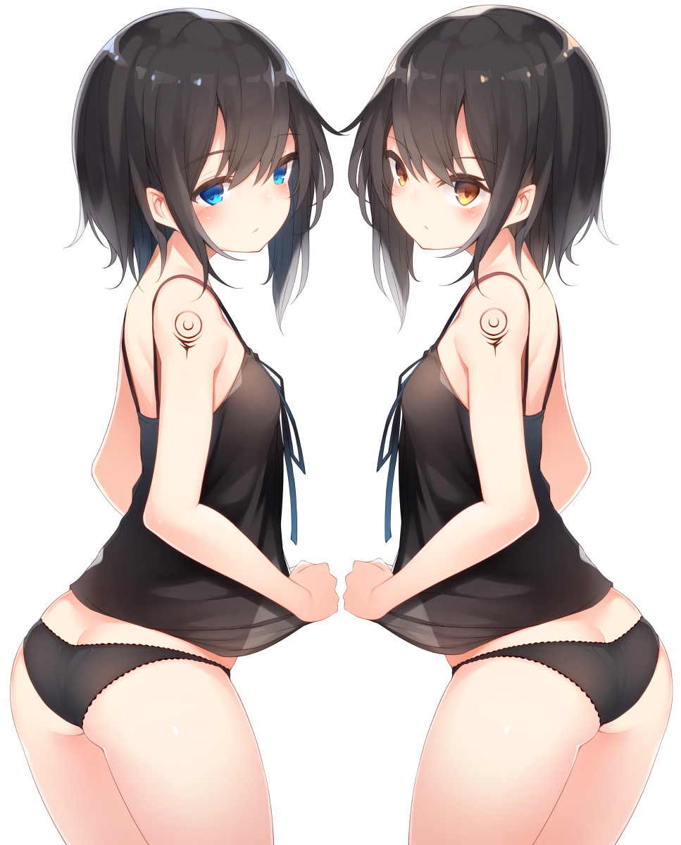 2girls ass bangs bare_arms bare_legs bare_shoulders black_hair black_panties black_ribbon blush breasts chemise closed_mouth eyebrows_visible_through_hair highres looking_at_viewer multiple_girls orange_eyes original otokuyou panties profile ribbon short_hair shoulder_tattoo simple_background small_breasts tattoo underwear white_background