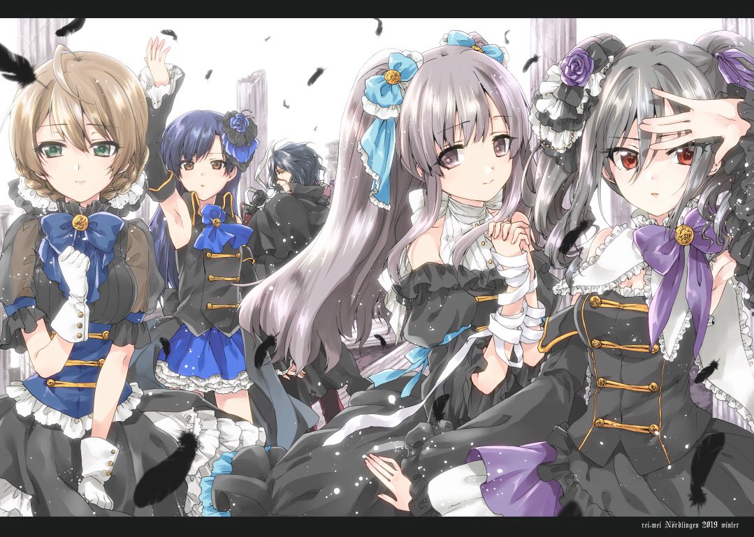1boy 4girls ahoge arm_up ascot bandages black_blouse black_dress black_shirt blouse blue_border blue_bow blue_hair blue_neckwear blue_skirt border bow braid cape character_request circle_name closed_mouth commentary_request detached_sleeves dress drill_hair eyebrows_visible_through_hair feathers flower frilled_sleeves frills gloves gothic_lolita green_eyes grey_hair hair_bow hair_flower hair_ornament hands_together idol idolmaster idolmaster_cinderella_girls idolmaster_million_live! idolmaster_million_live!_theater_days kanzaki_ranko kisaragi_chihaya kuroi_mimei letterboxed light_brown_hair light_particles light_smile lolita_fashion long_hair looking_at_viewer medium_hair miniskirt multiple_girls petticoat puffy_short_sleeves puffy_sleeves red_eyes sakuramori_kaori shirt short_hair short_sleeves shoulder_cutout skirt sleeveless_blouse smile standing tied_hair twin_braids twin_drills twintails violet_eyes white_gloves wind yuukoku_kiriko
