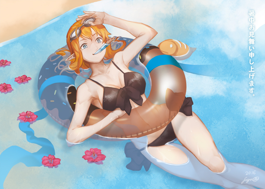 1girl afloat bare_arms bare_legs bare_shoulders beach bikini blue_eyes breasts brown_bikini flower flower_on_liquid food goggles goggles_on_head hand_up innertube lying medium_breasts medium_hair mouth_hold nagi_itsuki on_back orange_hair original pointy_ears popsicle red_flower sand side-tie_bikini smile solo swimsuit