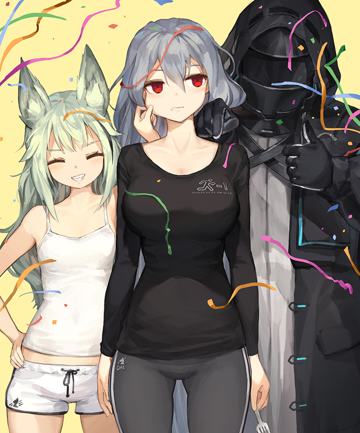 1boy 2girls ^_^ animal_ear_fluff animal_ears arknights bangs bare_arms bare_shoulders black_gloves black_jacket black_shirt blush breasts camisole cheek_pull closed_eyes confetti doctor_(arknights) eyebrows_visible_through_hair fork gloves grani_(arknights) green_hair grey_hair grey_pants grey_shirt grin hair_between_eyes hand_on_hip holding holding_fork hood hood_up hooded_jacket jacket jakoujika large_breasts long_hair long_sleeves multiple_girls pants parted_lips pointing red_eyes shirt short_shorts shorts simple_background skadi_(arknights) smile streamers thumbs_up very_long_hair white_camisole white_shorts yellow_background