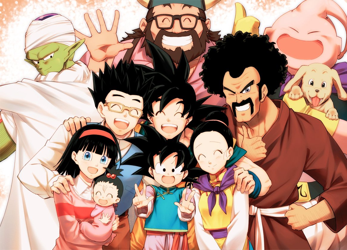 3girls 6+boys :d ;) ^_^ afro animal baby beard bee_(dragon_ball) black-framed_eyewear black_eyes black_hair blue_eyes blush brothers cape chi-chi_(dragon_ball) china_dress chinese_clothes clenched_hand clenched_teeth closed_eyes collared_shirt dog dot_nose double_v dragon_ball dragon_ball_super dress dress_shirt eyelashes facial_hair family father_and_daughter father_and_son furrowed_eyebrows glasses gloves gradient gradient_background grandfather_and_granddaughter grandmother_and_granddaughter grey_eyes gyuu_mao hair_between_eyes hair_bobbles hair_bun hair_ornament hairband hand_on_another's_shoulder hand_on_hip hand_up hat height_difference high_ponytail holding holding_animal husband_and_wife long_sleeves looking_at_another looking_at_viewer looking_back looking_down majin_buu mattari_illust medium_hair mother-in-law_and_daughter-in-law mother_and_daughter mother_and_son mr._satan multiple_boys multiple_girls mustache neckerchief one_eye_closed open_mouth orange_background pan_(dragon_ball) piccolo pink_hairband pink_shirt pink_sweater pointy_ears ponytail purple_neckwear shirt siblings simple_background smile son_gohan son_gokuu son_goten spiky_hair suspenders sweater teeth thumbs_up turban upper_teeth v v_arms videl waistcoat waving white_background white_shirt wristband yellow-framed_eyewear yellow_gloves