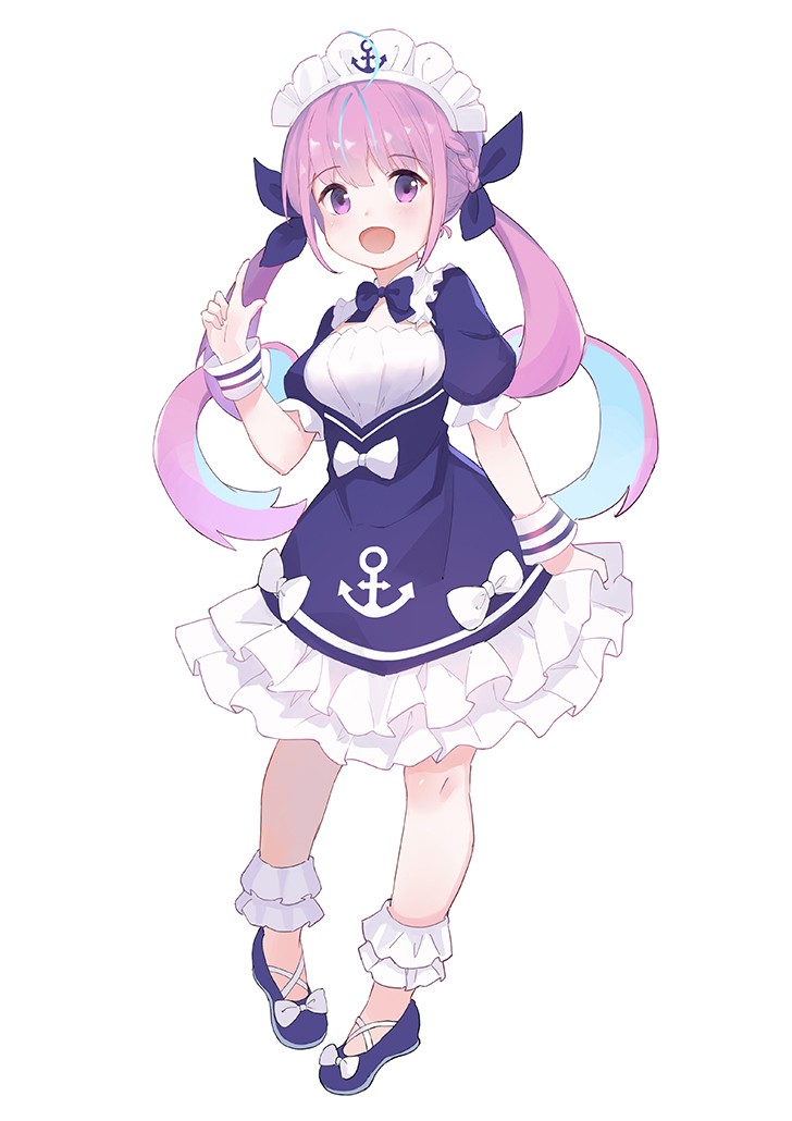 1girl :d anchor anchor_symbol blue_dress blue_footwear blue_hair blue_ribbon bow braid breasts dress frilled_dress frills full_body hair_ribbon hololive leilin long_hair maid_headdress medium_breasts minato_aqua multicolored_hair no_shoes open_mouth puffy_short_sleeves puffy_sleeves purple_hair ribbon ringlets shoes short_sleeves simple_background smile solo standing twintails two-tone_hair very_long_hair violet_eyes virtual_youtuber white_background white_bow wrist_cuffs