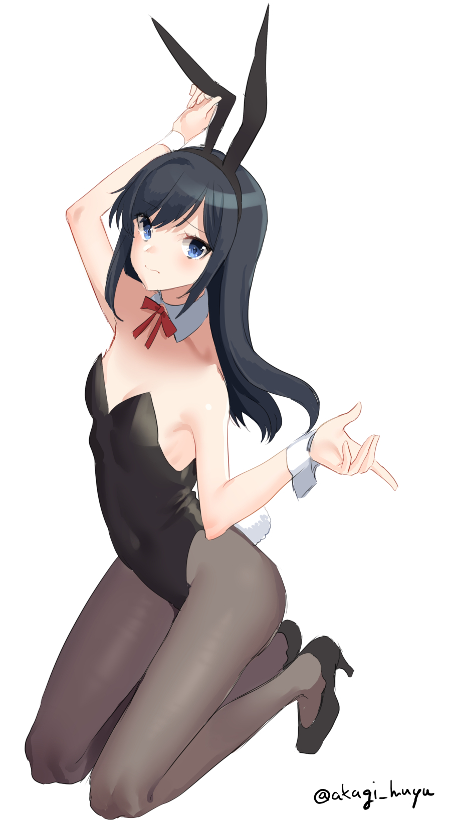 1girl animal_ears asashio_(kantai_collection) black_hair black_legwear black_leotard blue_eyes bunny_tail bunnysuit commentary_request detached_collar flat_chest full_body highres kantai_collection kneeling leotard long_hair mizuki_eiru_(akagi_kurage) neck_ribbon pantyhose rabbit_ears red_ribbon ribbon simple_background solo strapless strapless_leotard tail twintails white_background wrist_cuffs