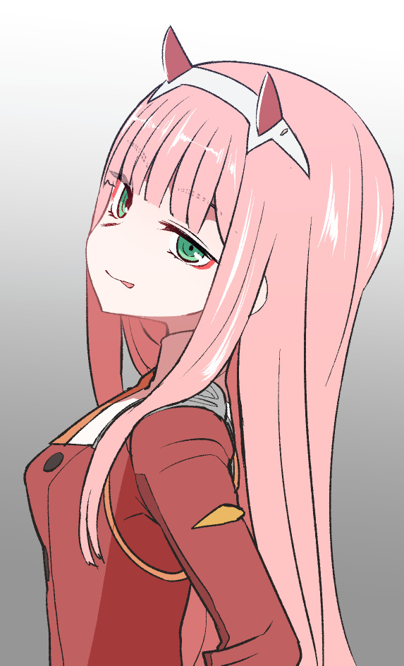 1girl :p bangs commentary_request darling_in_the_franxx eyebrows_visible_through_hair eyeshadow from_side gradient gradient_background green_eyes grey_background hairband horns jacket long_hair long_sleeves looking_at_viewer makeup military military_uniform pink_hair red_jacket smile solo sumiyao_(amam) tongue tongue_out uniform upper_body zero_two_(darling_in_the_franxx)