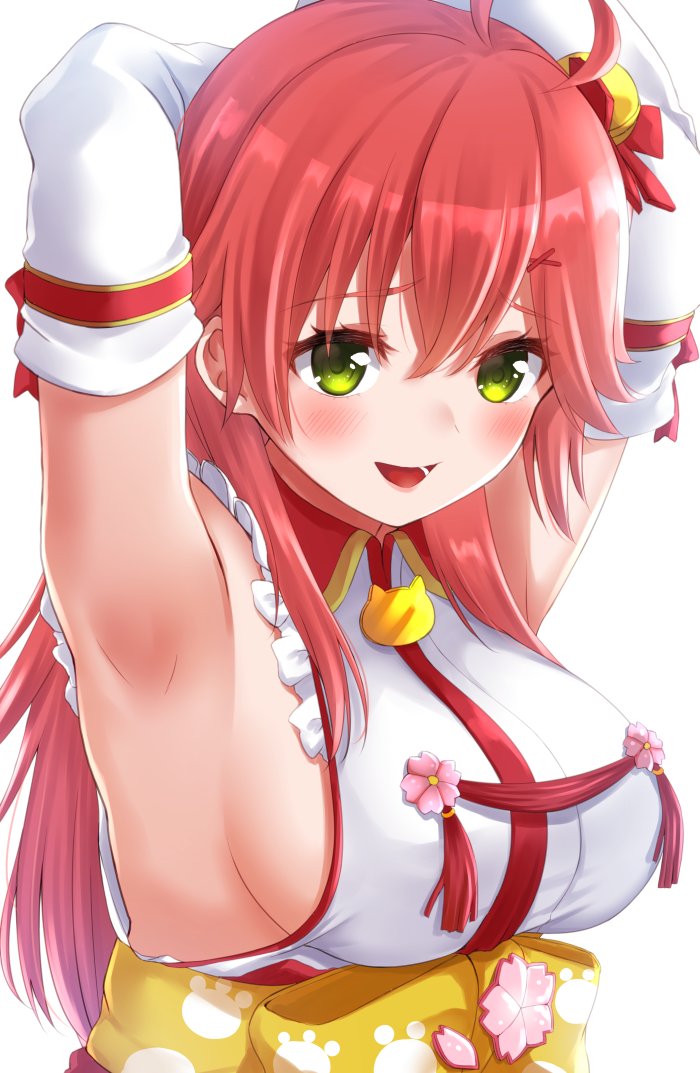 ahoge ako_suke armpits arms_up blush breasts detached_sleeves green_eyes hair_between_eyes hair_ornament hair_over_shoulder hairclip hololive long_hair looking_at_viewer open_mouth pink_hair sakura_miko sideboob upper_body virtual_youtuber white_background