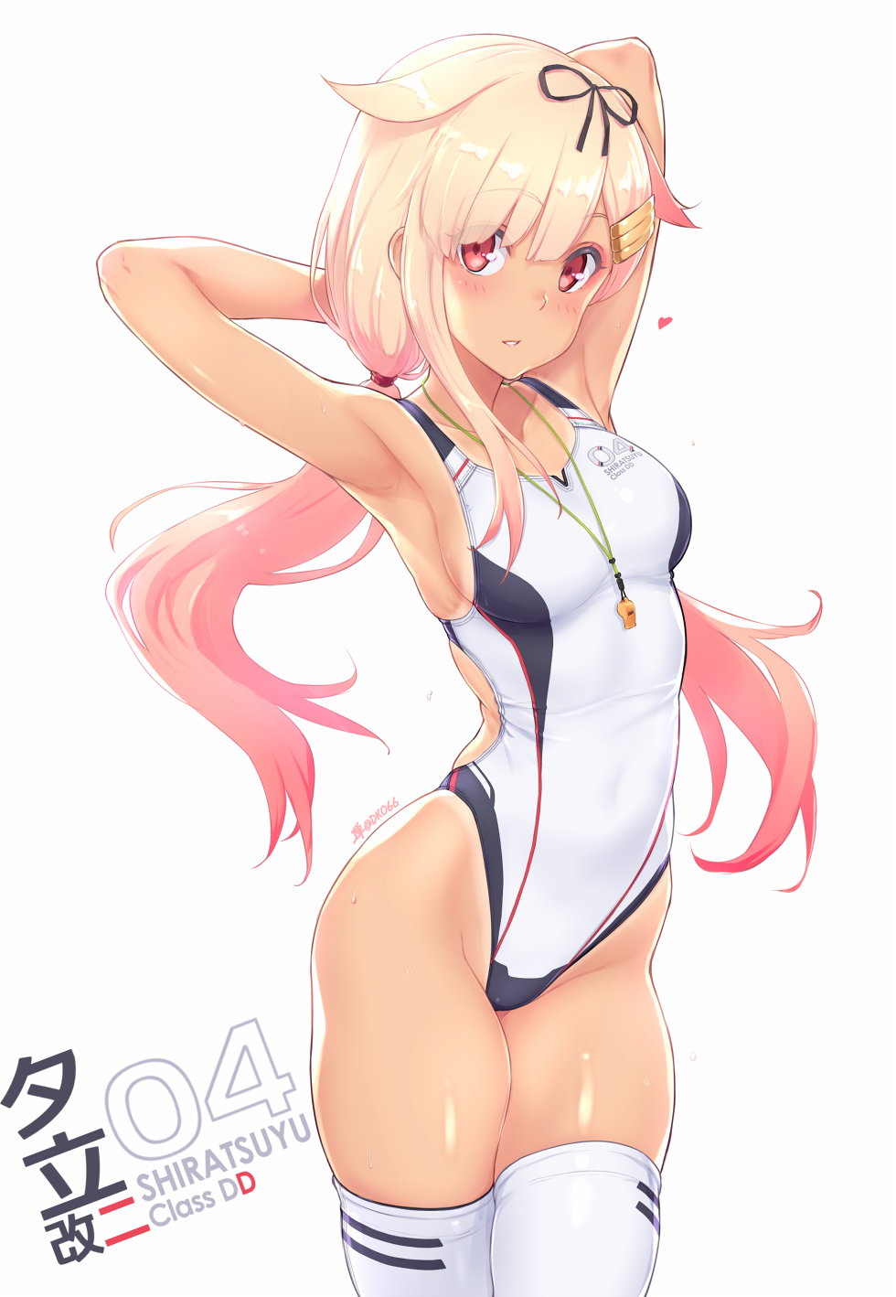 1girl armpits arms_up bangs blonde_hair blush breasts character_name collarbone competition_swimsuit dan_(kumadan) eyebrows_visible_through_hair hair_between_eyes hair_flaps hair_ornament hair_ribbon hairclip heart highleg highleg_swimsuit highres kantai_collection long_hair looking_at_viewer low_twintails one-piece_swimsuit red_eyes remodel_(kantai_collection) ribbon simple_background skindentation solo swimsuit tan thigh-highs twintails whistle whistle_around_neck white_background white_legwear white_swimsuit yuudachi_(kantai_collection)