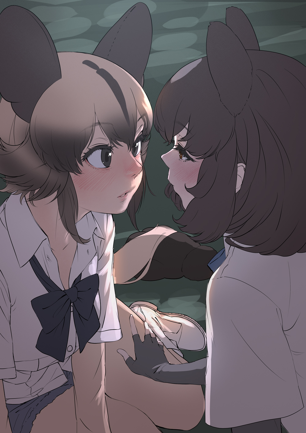 2girls african_wild_dog_(kemono_friends) animal_ears bangs bear_ears black_eyes black_gloves black_hair black_neckwear blush boots bow bowtie brown_bear_(kemono_friends) brown_eyes brown_hair commentary_request dog_ears elbow_gloves extra_ears eye_contact eyebrows_visible_through_hair fingerless_gloves gloves gradient_hair hand_on_another's_thigh highres kemono_friends looking_at_another multicolored_hair multiple_girls shirt short_hair short_shorts short_sleeves shorts sitting takami_masahiro white_footwear white_shirt wing_collar yokozuwari yuri