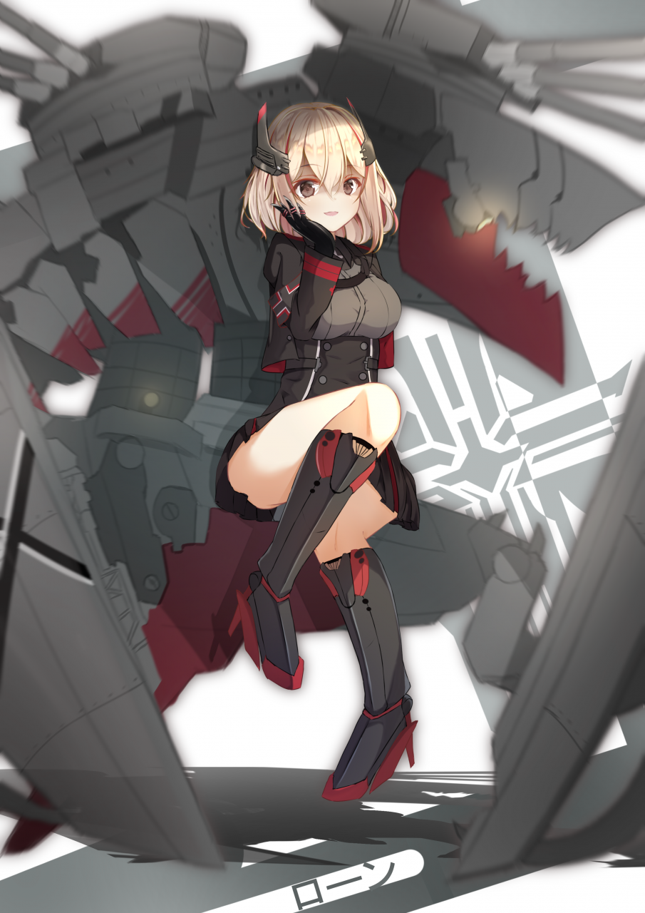 1girl azur_lane black_capelet black_dress blonde_hair boots breasts brown_eyes cannon capelet collared_jacket dress eyebrows_visible_through_hair hair_between_eyes hair_ornament headgear highres large_breasts loli_ta1582 looking_at_viewer machinery mechanical_boots mechanical_hands medium_hair multicolored_hair redhead roon_(azur_lane) sitting solo streaked_hair turret yandere