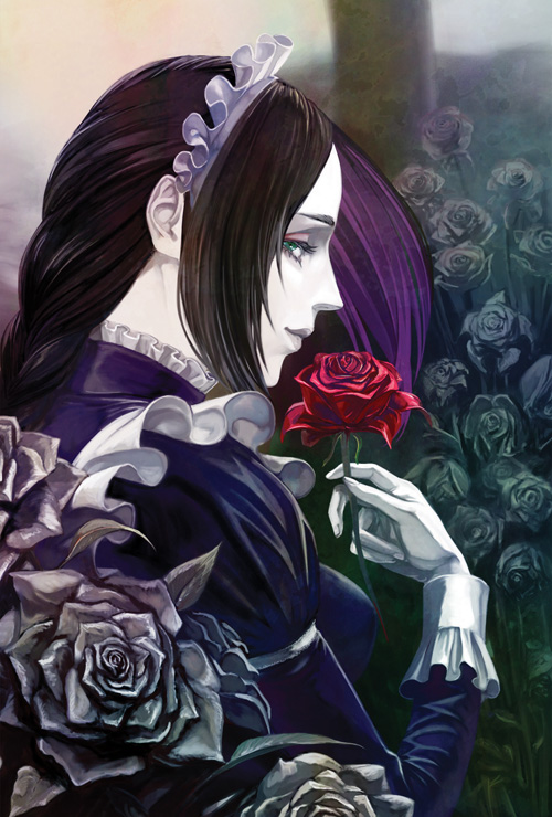 1girl black_hair braid breasts commentary_request fata_morgana_no_yakata flower frills from_side green_eyes high_collar holding holding_flower juliet_sleeves long_hair long_sleeves maid maid_headdress moyatarou official_art pink_eyeshadow puffy_sleeves red_flower red_rose rose single_braid the_maid white_flower white_rose