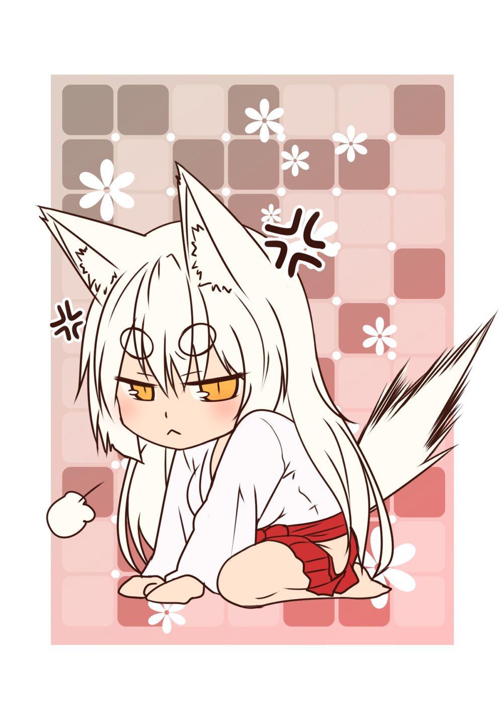 1girl :&lt; anger_vein animal_ears bangs between_legs commentary_request eyebrows_visible_through_hair fox_ears fox_girl fox_tail hair_between_eyes hakama hand_between_legs highres hip_vent japanese_clothes kimono kohaku_(yua) long_hair looking_at_viewer miko original petals red_hakama seiza sidelocks sigh sitting solo tail tail_raised thick_thighs thighs white_hair white_kimono wide_sleeves yellow_eyes yua_(checkmate)