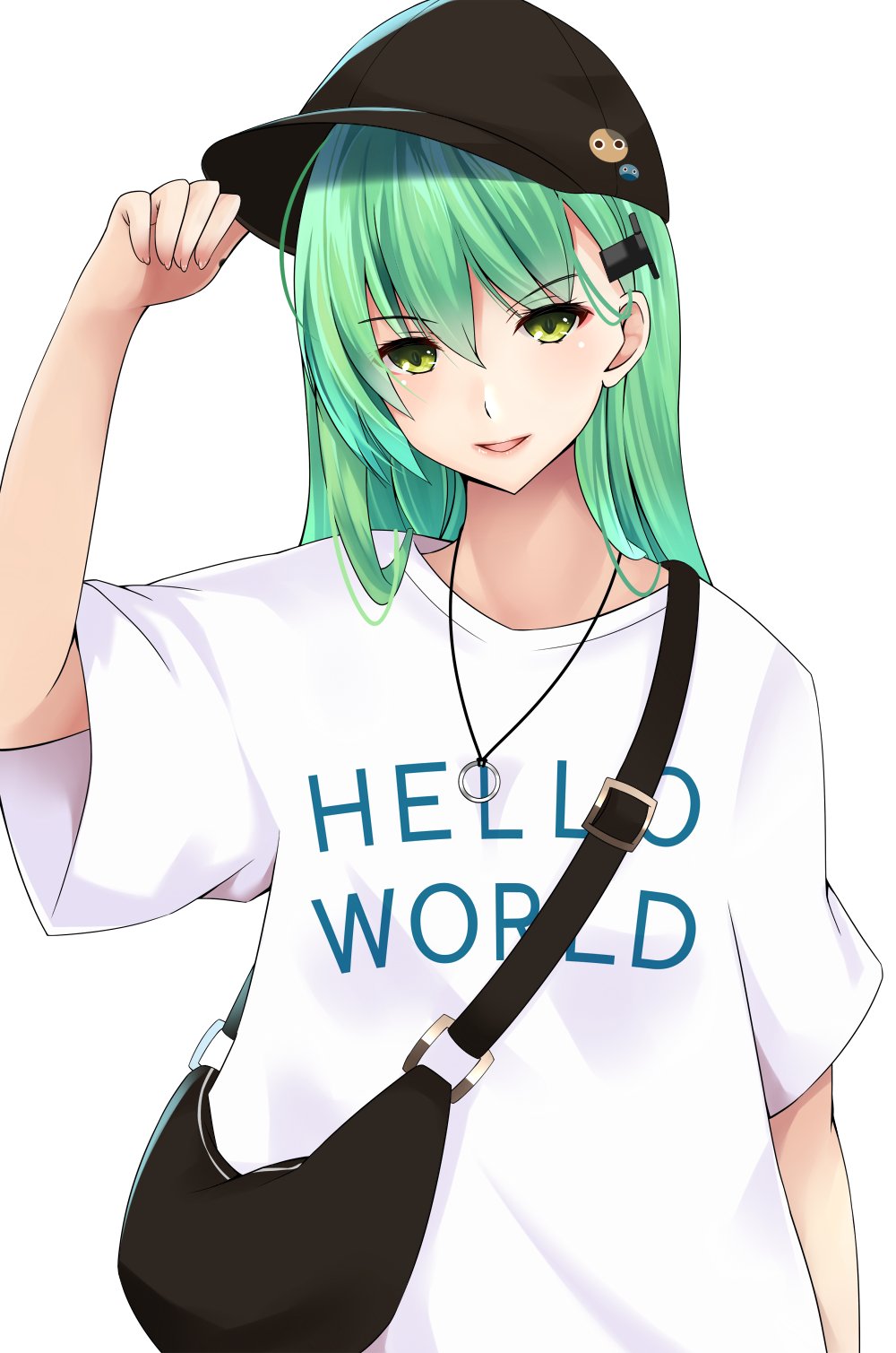 1girl alternate_costume aqua_hair black_bag black_headwear casual clothes_writing english_text green_eyes hair_ornament hairclip hat highres jewelry kantai_collection long_hair looking_at_viewer necklace shirt short_sleeves simple_background solo suzuya_(kantai_collection) t-shirt ton_ton_tontoro white_background white_shirt