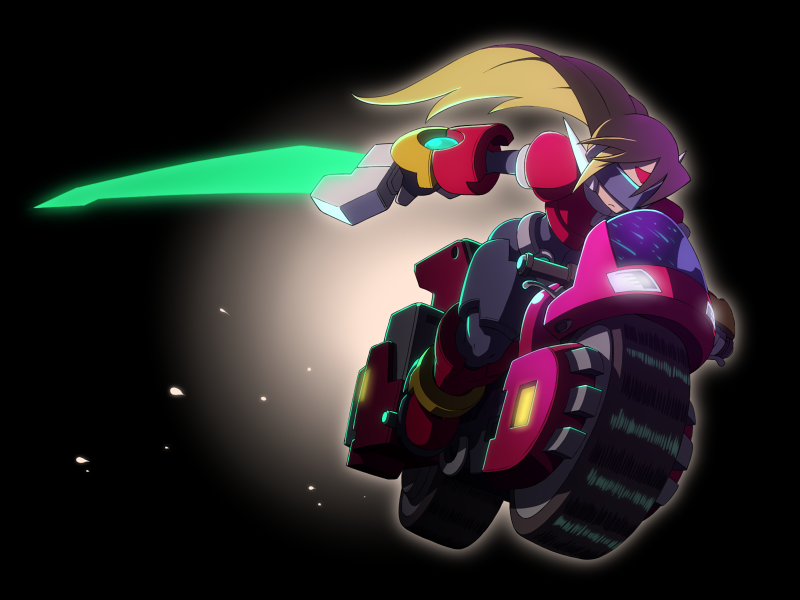 android bangs blonde_hair dark_background energy_blade energy_sword facial_mark forehead_mark girouette ground_vehicle holding holding_weapon long_hair male_focus motor_vehicle motorcycle napo power_armor rockman rockman_zx solo sword visor weapon