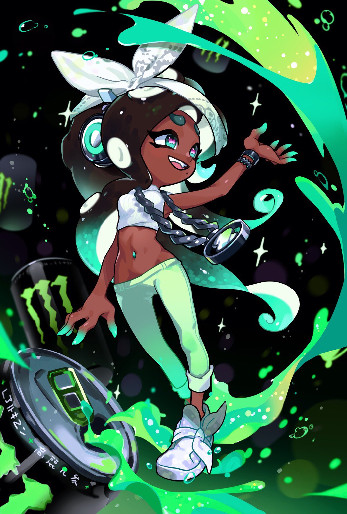 1girl arm_up bandana black_hair bracelet cephalopod_eyes chain commentary crop_top cropped_vest dark_skin fang gradient_hair green_hair green_pants green_skirt highres iida_(splatoon) jewelry liquid logo long_hair looking_to_the_side lowleg lowleg_pants midriff mole mole_under_mouth monster_energy multicolored multicolored_hair multicolored_skin navel_piercing necklace no_socks octarian open_mouth oversized_object pants paripi_nasubi pendant piercing pink_pupils shirt shoes skirt sleeveless sleeveless_shirt smile solo sparkle splatoon_(series) splatoon_2 splatoon_2:_octo_expansion standing suction_cups tentacle_hair white_bandana white_footwear white_shirt