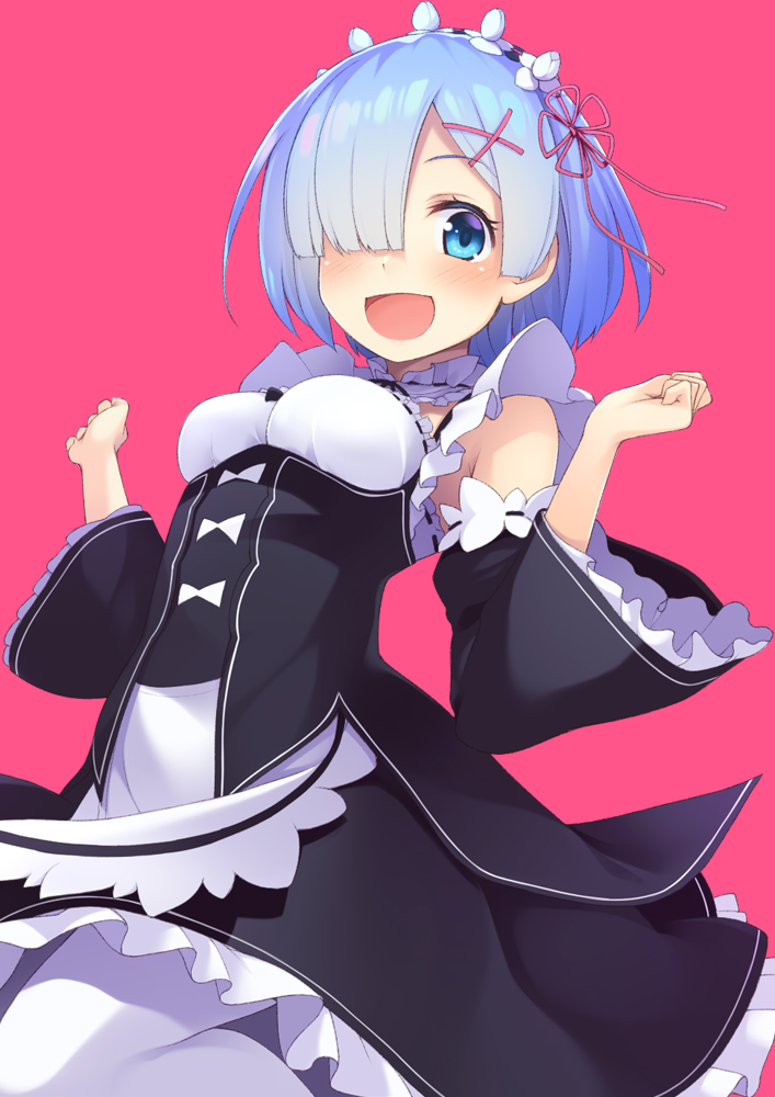 1girl bangs blue_eyes blue_hair blush breasts commentary_request detached_sleeves dress frills hair_ornament hair_over_one_eye hair_ribbon looking_at_viewer maid maid_headdress medium_breasts mofu_namako open_mouth pantyhose pink_background pink_ribbon re:zero_kara_hajimeru_isekai_seikatsu rem_(re:zero) ribbon short_hair simple_background smile solo white_legwear x_hair_ornament