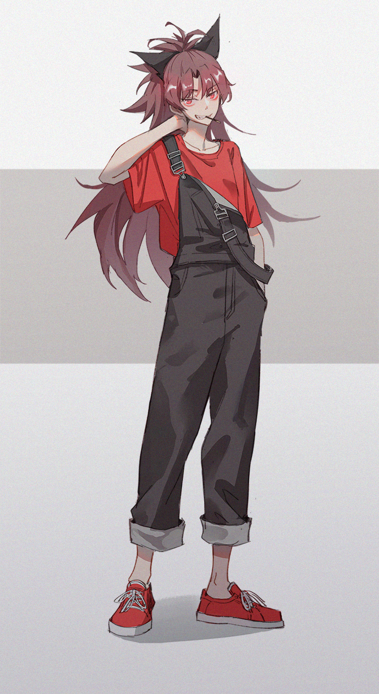 1girl black_ribbon die_(die0118) food full_body hair_ribbon hand_in_pocket highres long_hair looking_at_viewer mahou_shoujo_madoka_magica mouth_hold off_shoulder overalls pocky ponytail red_eyes red_footwear red_shirt redhead ribbon sakura_kyouko shirt shoes short_sleeves smile solo standing