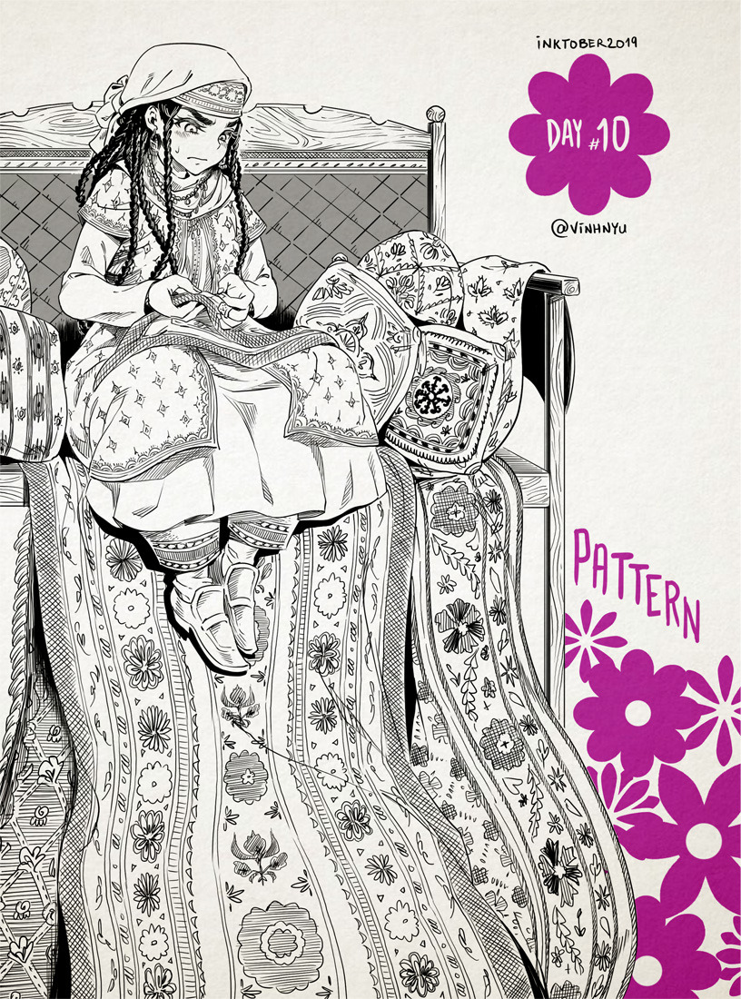 1girl black_hair braid concentrating dress embroidery english_text flower head_scarf inktober long_hair long_sleeves otoyomegatari pariya patterned pillow sewing shoes sitting solo tapestry thimble vinhnyu