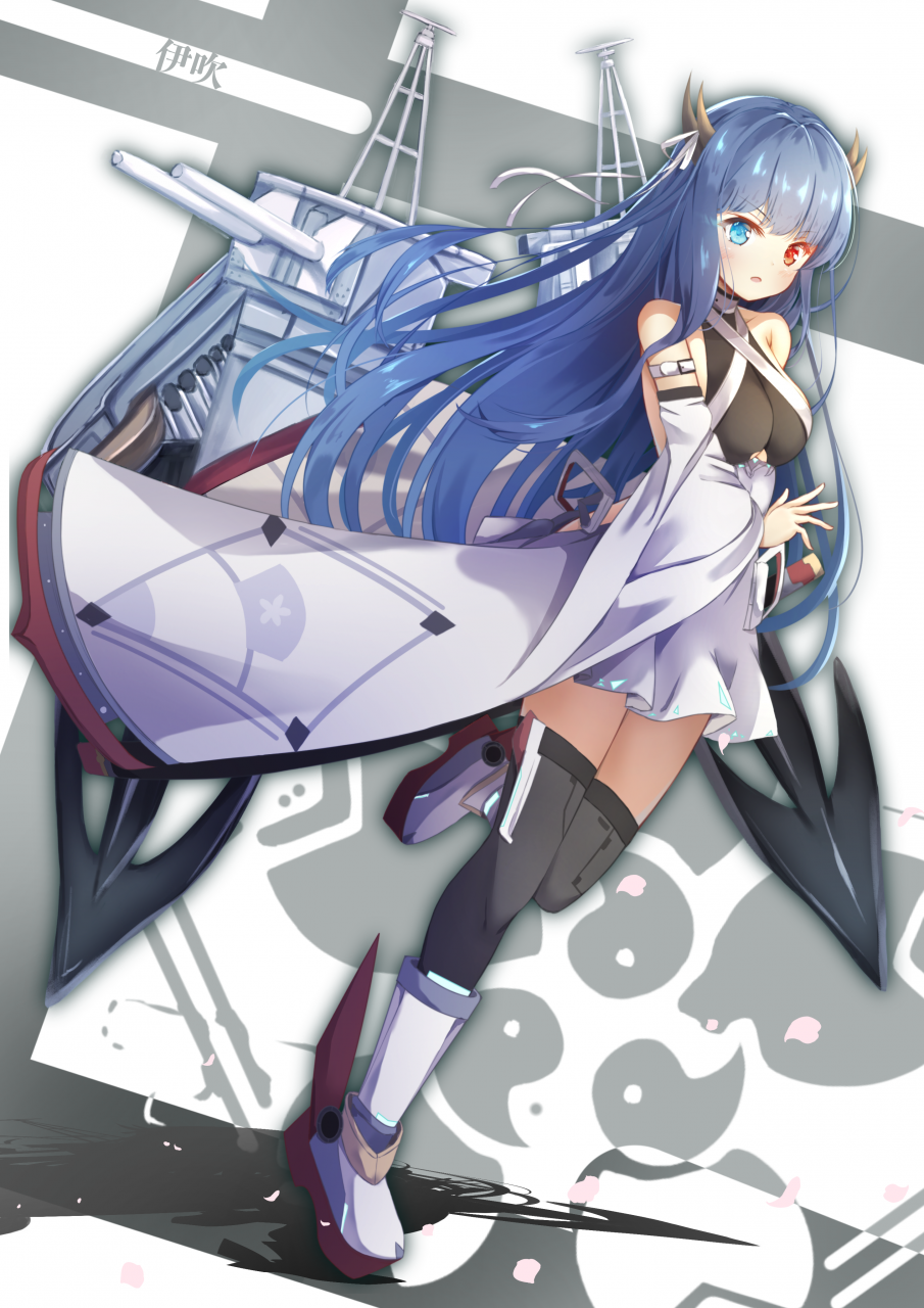 1girl arm_belt azur_lane bare_shoulders blue_eyes cannon choker detached_sleeves dress eyebrows_visible_through_hair full_body glowing glowing_eyes heterochromia highres horns ibuki_(azur_lane) lace lace_choker loli_ta1582 long_hair looking_at_viewer red_eyes sapphire_(gemstone) sheath sheathed sideless_outfit simple_background solo standing thigh-highs underboob_cutout very_long_hair white_dress