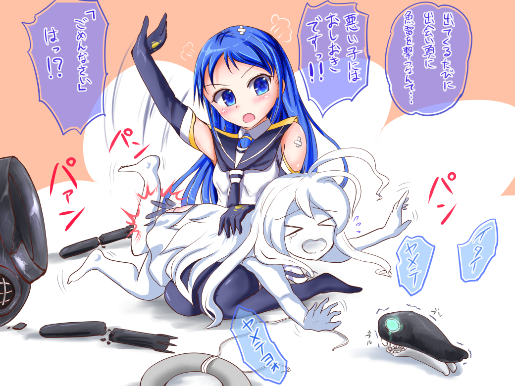 bandaid black_gloves black_legwear blue_eyes blue_hair elbow_gloves gloves kantai_collection long_hair punishment samidare_(kantai_collection) school_uniform serafuku shinkaisei-kan spanking submarine_new_hime tenzui thigh-highs very_long_hair white_hair white_serafuku white_skin