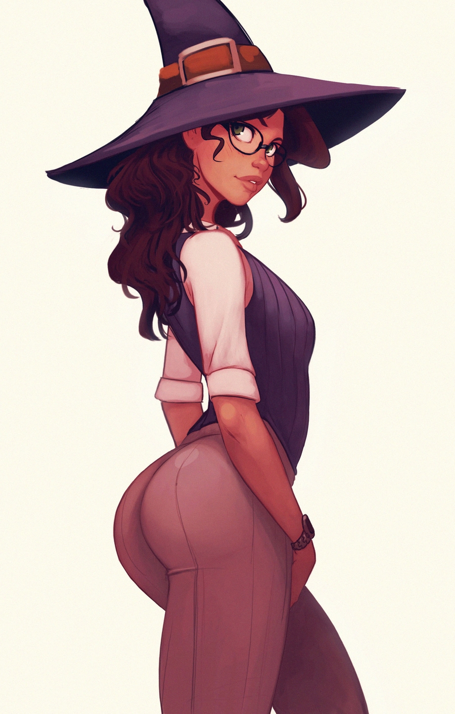 1girl arched_back ass black-framed_eyewear breasts brown_eyes brown_hair carlos_eduardo commentary dark_skin glasses green_eyes hat highres lips long_hair looking_at_viewer medium_breasts nose original parted_lips revision simple_background solo thick_lips watch watch witch_hat yellow_background
