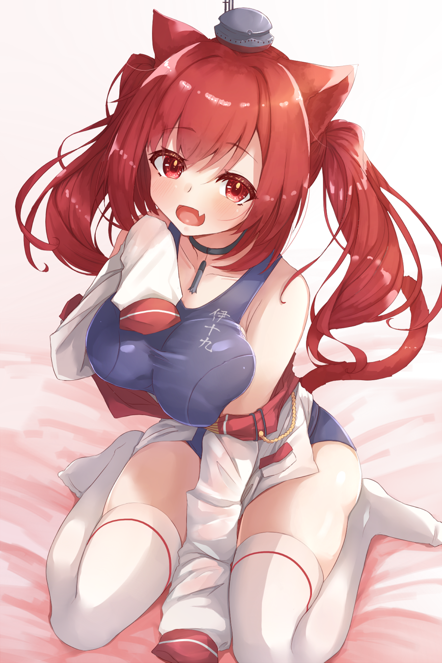 1girl animal_ears azur_lane blush breasts cat_ears cat_tail eyebrows_visible_through_hair highres i-19_(azur_lane) large_breasts long_hair looking_at_viewer miiiiiiimu one-piece_swimsuit open_mouth red_eyes redhead school_swimsuit sitting sleeves_past_wrists smile solo swimsuit tail thigh-highs twintails white_legwear