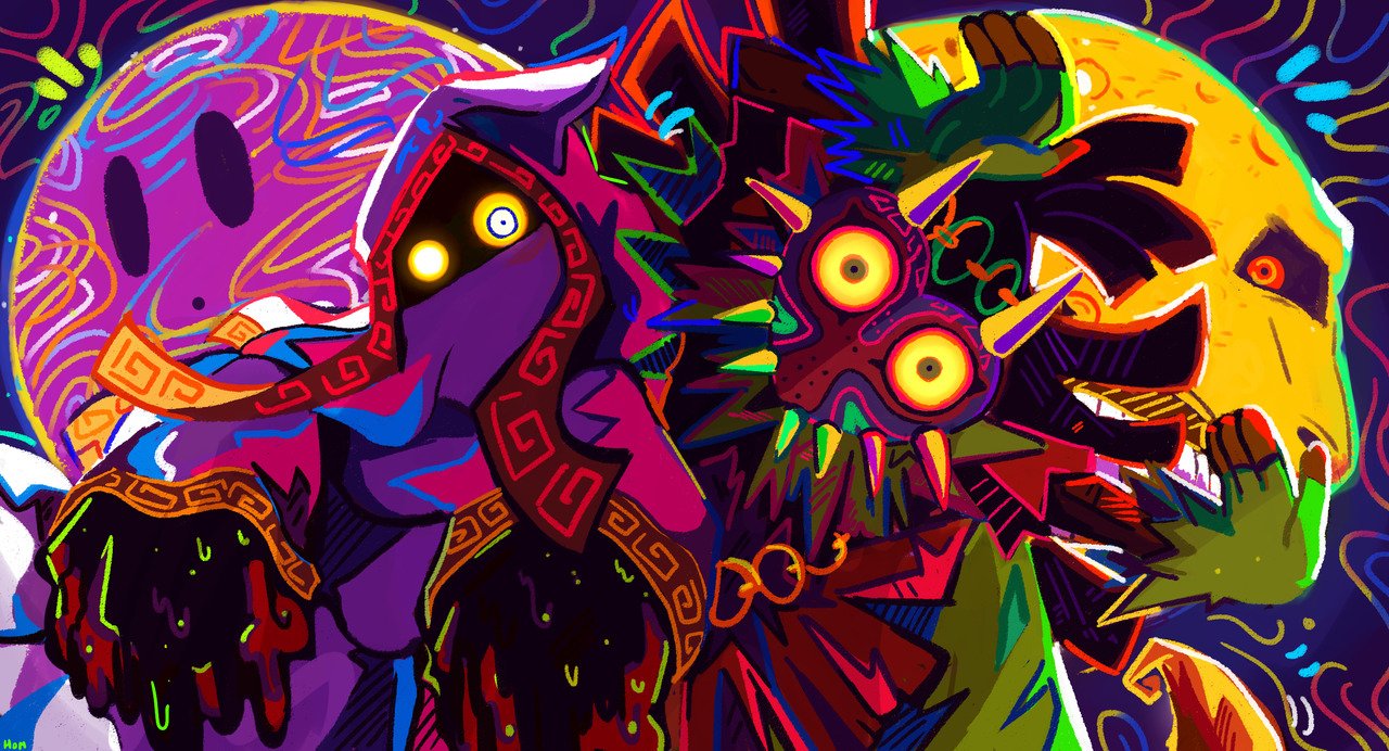 crossover glowing glowing_eyes homriette hood hyness kirby:_star_allies kirby_(series) looking_at_viewer mask moon_(majora's_mask) pose skull_kid the_legend_of_zelda the_legend_of_zelda:_majora's_mask void_soul wide-eyed yellow_sclera