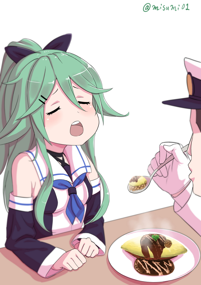 1boy 1girl admiral_(kantai_collection) black_bow blue_neckwear blush bow closed_eyes detached_sleeves feeding food green_hair hair_between_eyes hair_bow hair_ornament hairclip hat holding holding_spoon kantai_collection long_hair misumi_(niku-kyu) neckerchief omurice open_mouth plate ponytail round_teeth spoon table teeth white_background yamakaze_(kantai_collection)