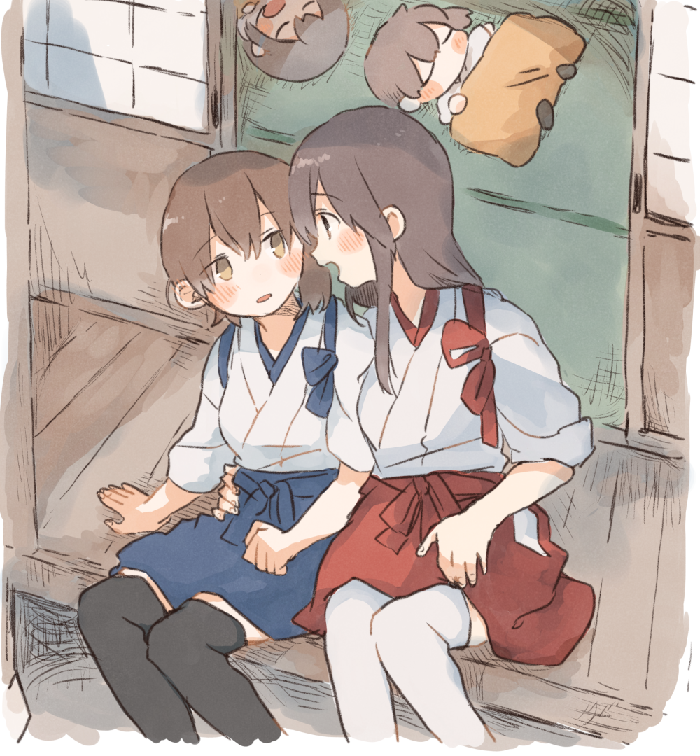 4girls akagi_(kantai_collection) arm_around_waist blush brown_hair child dual_persona ina_(1813576) kaga_(kantai_collection) kantai_collection long_hair multiple_girls porch side_ponytail sitting sketch sleeping smile younger yuri