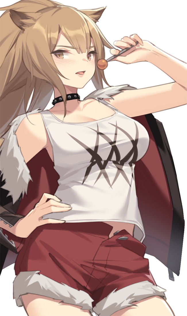 1girl animal_ears arknights arm_up armpits bare_arms bare_shoulders black_jacket breasts brown_eyes brown_hair choker collarbone cowboy_shot cutoffs fur_trim hand_on_hip holding_lollipop jacket large_breasts lion_ears long_hair looking_at_viewer open_clothes open_fly open_jacket open_mouth ponytail red_shorts shirt short_shorts shorts siege_(arknights) simple_background sleeveless sleeveless_shirt solo tongue tongue_out white_background white_shirt yura_(botyurara)