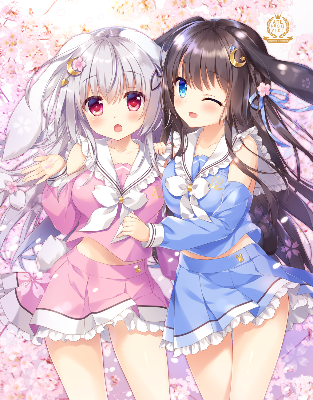 2girls :o ;d ameto_yuki animal_ears artist_name black_hair blue_eyes blue_ribbon blue_shirt blue_skirt blue_sleeves blurry blurry_background blush breasts bunny_girl bunny_tail cherry_blossoms collarbone commentary_request crescent crescent_hair_ornament depth_of_field detached_sleeves flower frilled_sailor_collar frilled_skirt frills hair_flower hair_ornament hair_ribbon hand_on_another's_shoulder heart heart_hair_ornament highres long_hair long_sleeves medium_breasts midriff_peek multiple_girls navel one_eye_closed one_side_up open_mouth original pink_flower pink_shirt pink_skirt pink_sleeves pleated_skirt rabbit_ears red_eyes ribbon sailor_collar school_uniform serafuku shirt silver_hair skirt sleeveless sleeveless_shirt smile standing star tail very_long_hair white_neckwear white_sailor_collar