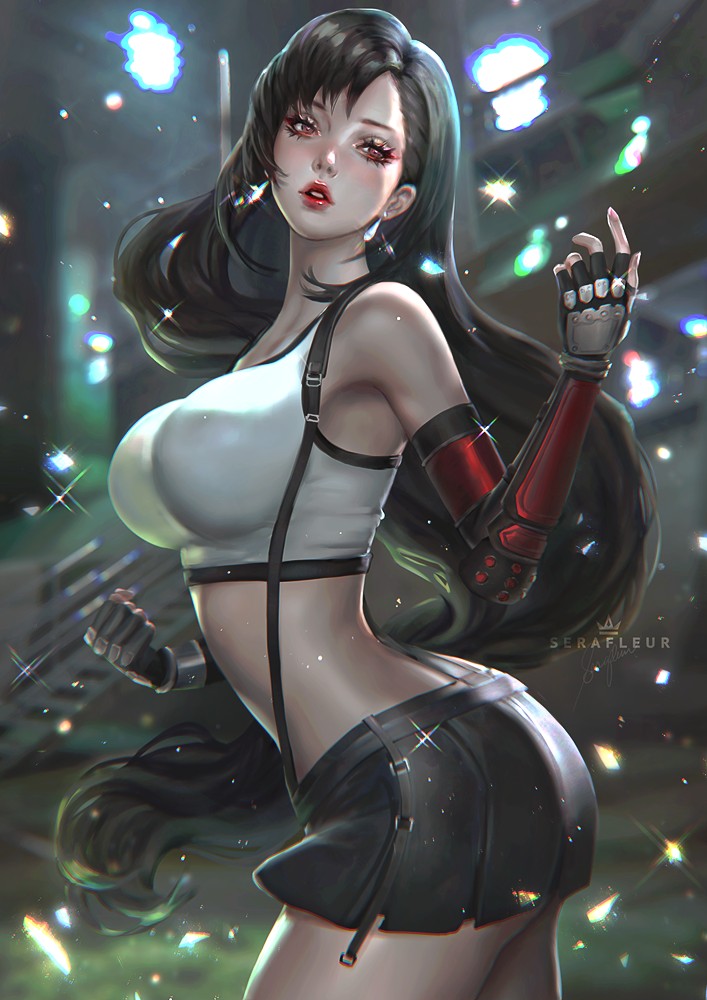 1girl abigail_diaz arm_guards armpits artist_name black_hair blurry blurry_background crop_top earrings eyelashes final_fantasy final_fantasy_vii final_fantasy_vii_remake fingerless_gloves gloves jewelry long_hair looking_at_viewer navel parted_lips pleated_skirt skirt solo sparkle stomach suspenders tank_top tifa_lockhart very_long_hair