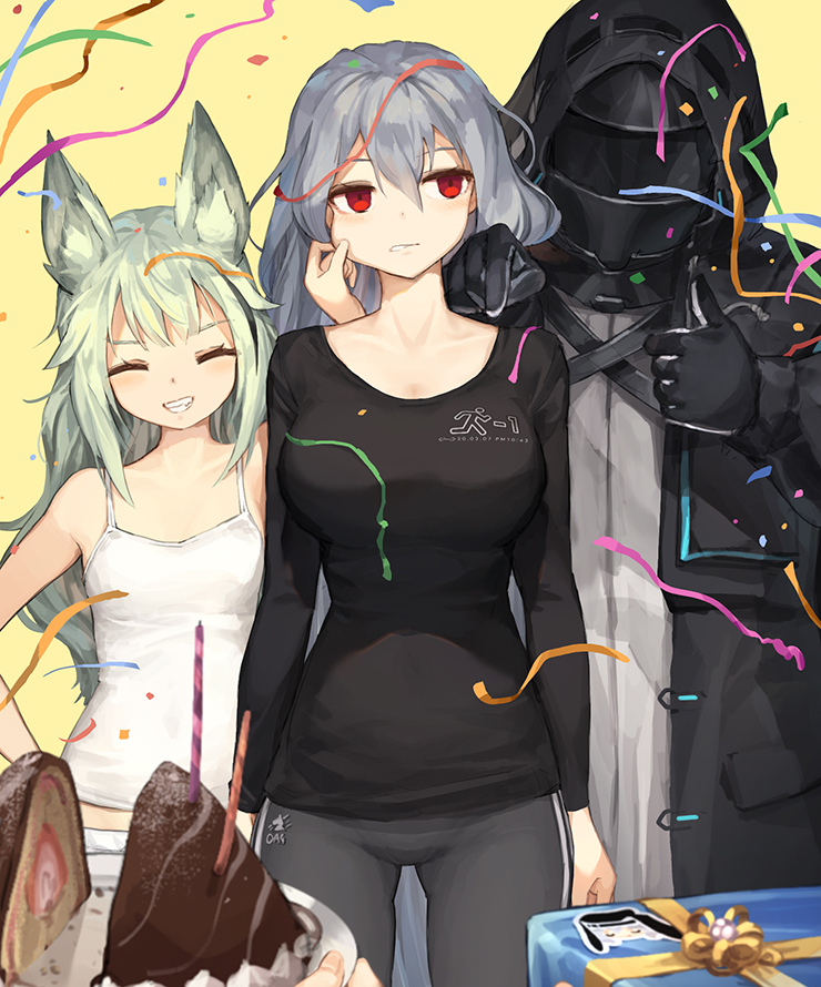 1boy 2girls ^_^ animal_ear_fluff animal_ears arknights bangs bare_arms bare_shoulders black_gloves black_jacket black_shirt blush box breasts cake camisole cheek_pull closed_eyes commentary confetti doctor_(arknights) english_commentary eyebrows_visible_through_hair food gift gift_box gloves grani_(arknights) green_hair grey_hair grey_pants grey_shirt grin hair_between_eyes hand_on_hip hood hood_up hooded_jacket jacket jakoujika large_breasts long_hair long_sleeves multiple_girls pants parted_lips pointing red_eyes shirt shorts simple_background skadi_(arknights) smile specter_(arknights) streamers thumbs_up very_long_hair white_camisole white_shorts yellow_background