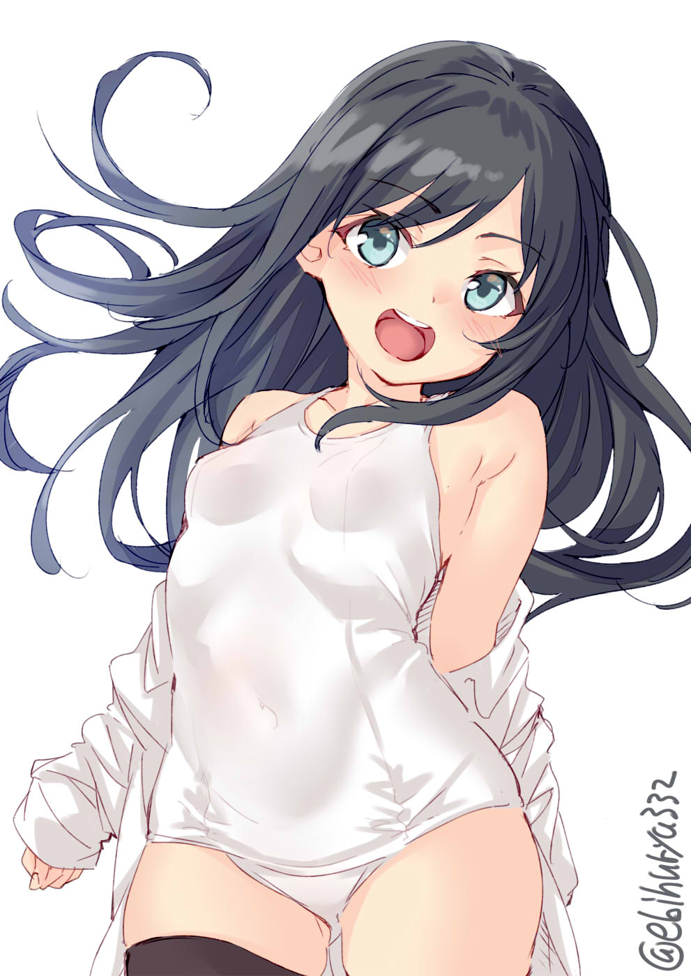 1girl :d asashio_(kantai_collection) black_hair blue_eyes blush breasts collarbone cowboy_shot ebifurya eyebrows_visible_through_hair highres kantai_collection long_hair one-piece_swimsuit open_mouth round_teeth shirt simple_background small_breasts smile solo swimsuit teeth twitter_username white_background white_shirt white_swimsuit