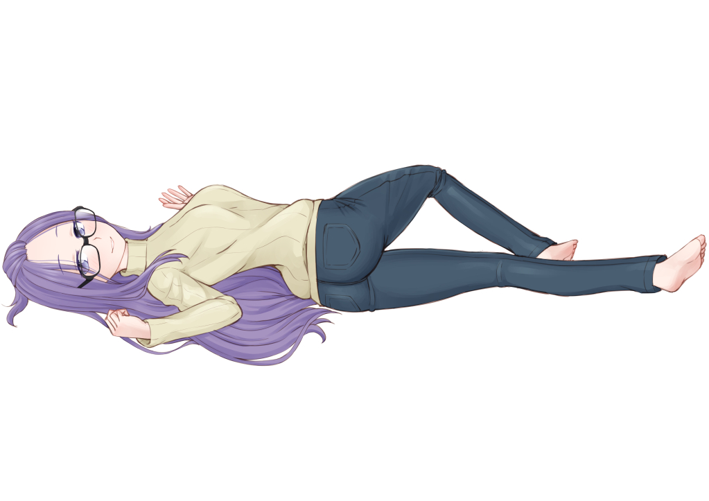 ass barefoot blue_eyes commentary_request denim easy_(aqk7bdqt) full_body jeans kagamihara_sakura long_hair looking_at_viewer pants purple_hair ribbed_sweater simple_background smile soles sweater white_background yurucamp