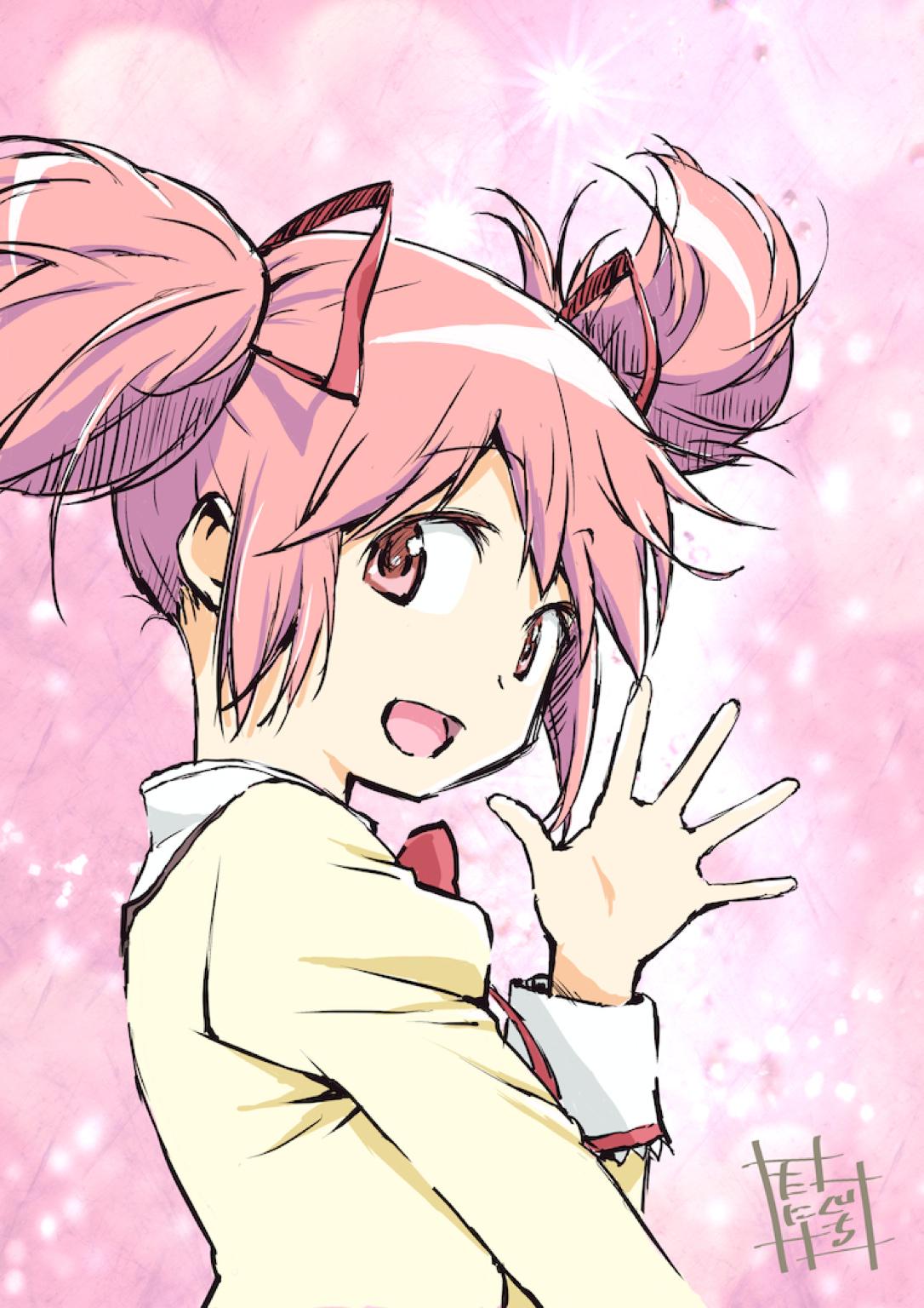 1girl :d close-up commentary_request eyebrows_visible_through_hair floating_hair from_side gradient gradient_background hair_between_eyes hair_ribbon hand_up happy highres juliet_sleeves kaname_madoka long_sleeves looking_at_viewer looking_back mahou_shoujo_madoka_magica mitakihara_school_uniform open_mouth pink_background pink_eyes pink_hair puffy_sleeves red_ribbon ribbon school_uniform shaded_face short_twintails sidelocks signature simple_background smile solo sparkle sparkle_background taniguchi_jun'ichirou twintails uniform upper_body waving