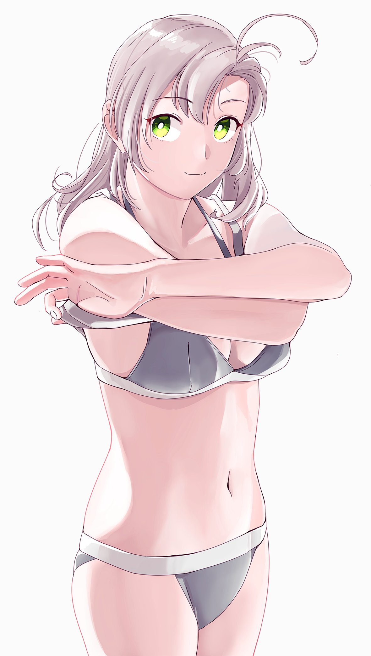 1girl antenna_hair bangs bikini black_bikini breasts collarbone cowboy_shot eyebrows_visible_through_hair green_eyes grey_hair highres kantai_collection kinugasa_(kantai_collection) looking_at_viewer medium_breasts navel ojipon short_hair smile solo swimsuit undressing