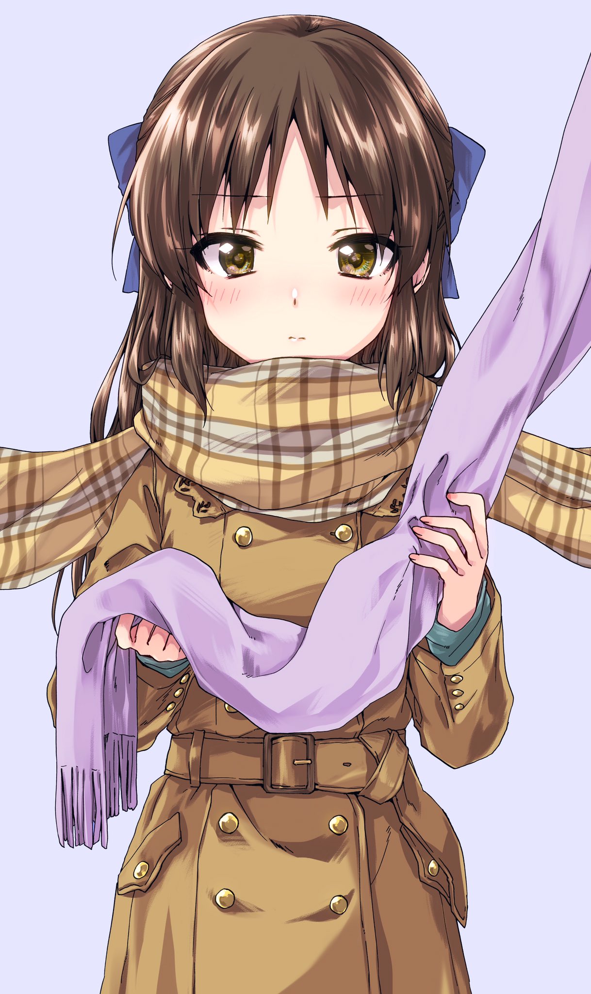 1girl bangs blue_background blue_bow blush bow brown_coat brown_eyes brown_hair brown_scarf closed_mouth coat commentary eyebrows_visible_through_hair hair_bow highres idolmaster idolmaster_cinderella_girls kuroi_mimei light_frown long_hair long_sleeves looking_at_viewer plaid plaid_scarf scarf simple_background solo standing tachibana_arisu trench_coat winter_clothes