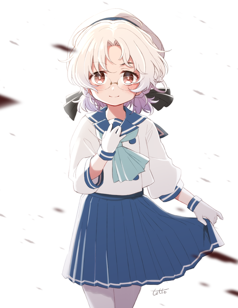 1girl blue_neckwear blue_ribbon blue_skirt blush brown_eyes buttons glasses gloves grey_hair hirato_(kantai_collection) kantai_collection lifted_by_self long_sleeves looking_at_viewer neckerchief pleated_skirt ribbon school_uniform serafuku short_hair simple_background skirt skirt_lift smile solo totto_(naka) wavy_hair white_background white_gloves