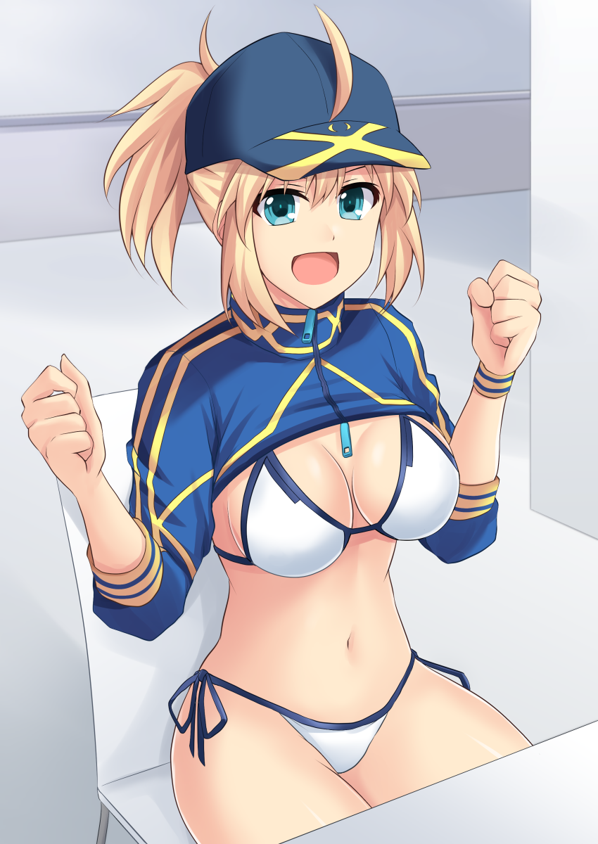 1girl ahoge artoria_pendragon_(all) baseball_cap bikini blonde_hair blue_headwear blue_jacket breasts cropped_jacket cross_(crossryou) fate/grand_order fate_(series) hair_between_eyes hair_through_headwear hat highres indoors jacket medium_breasts mysterious_heroine_xx_(foreigner) navel ponytail shrug_(clothing) side-tie_bikini sitting solo swimsuit white_bikini wristband zipper_pull_tab