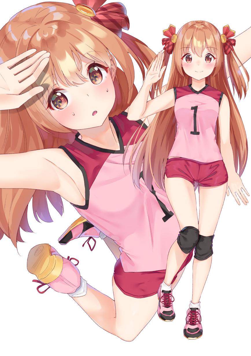 1girl arm_up bangs bare_arms bare_shoulders blush breasts brown_eyes brown_hair closed_mouth eyebrows_visible_through_hair hair_between_eyes hair_ribbon hand_up highres k_mugura knee_pads long_hair multiple_views parted_lips pink_footwear pink_shirt princess_connect! princess_connect!_re:dive red_ribbon red_shorts ribbon sakurai_nozomi_(princess_connect) shirt shoes short_shorts shorts simple_background sleeveless sleeveless_shirt small_breasts smile socks standing standing_on_one_leg sweat two_side_up very_long_hair white_background white_legwear