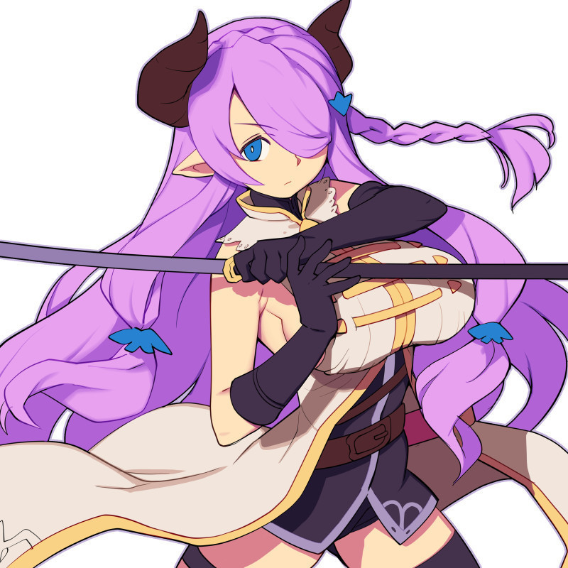 1girl asymmetrical_gloves black_gloves black_legwear blue_eyes braid breasts draph elbow_gloves gloves granblue_fantasy hair_over_one_eye holding holding_sword holding_weapon horns katana large_breasts long_hair looking_at_viewer metata narmaya_(granblue_fantasy) pointy_ears purple_hair simple_background single_braid single_elbow_glove solo sword thigh-highs weapon white_background